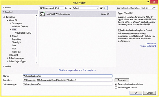 Caixa de diálogo de Novo projeto do Visual Studio 2013 para o modelo de aplicativo da Web do ASP.NET