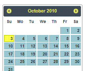 Captura de tela mostrando uma página de calendário de outubro de 2010 estilizada usando o tema Hot-Sneaks.