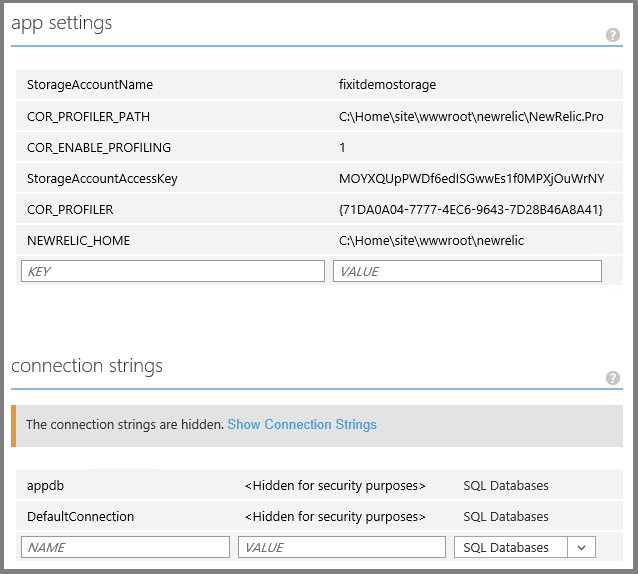 appSettings e connectionStrings no portal