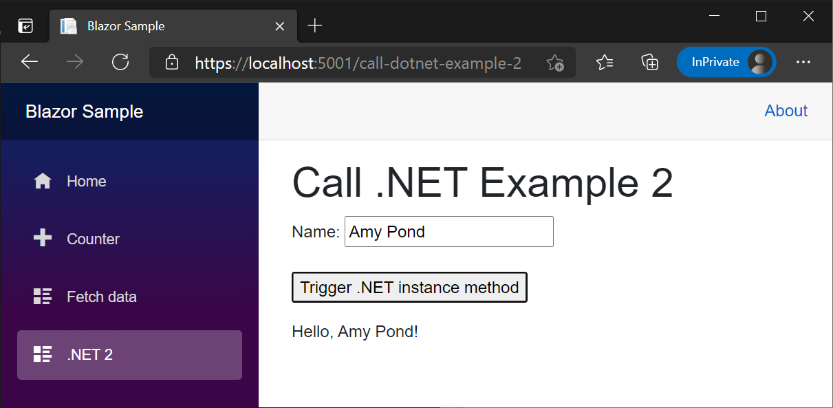 Exemplo do componente 'CallDotNetExample4' renderizado