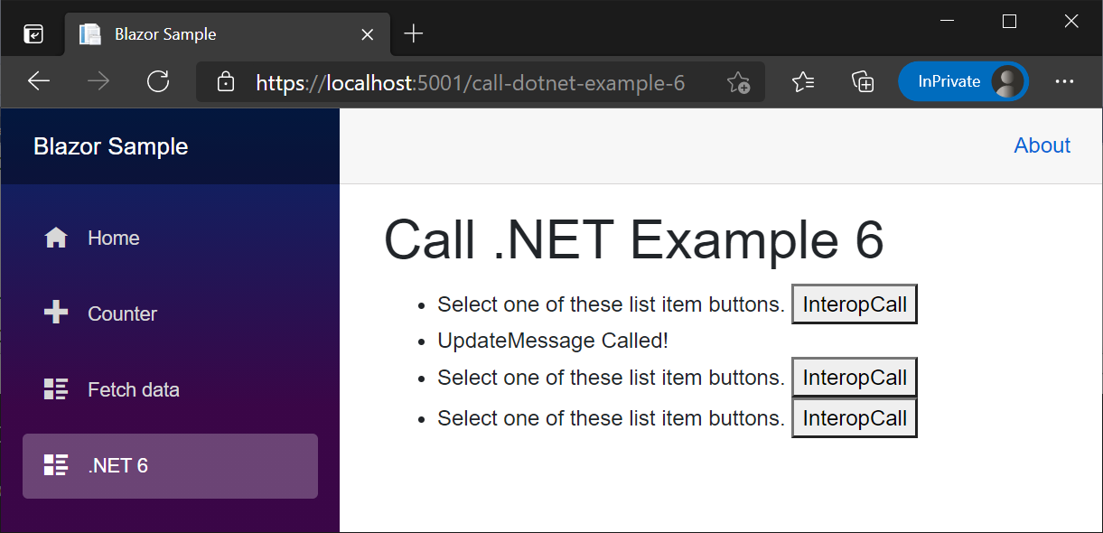 Exemplo do componente 'CallDotNetExample6' renderizado