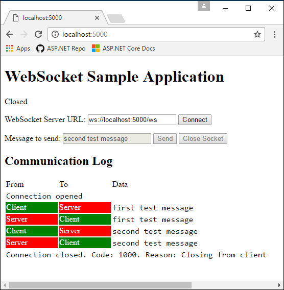 Estado final da página da Web depois que as mensagens de conexão e de teste dos WebSockets são enviadas e recebidas