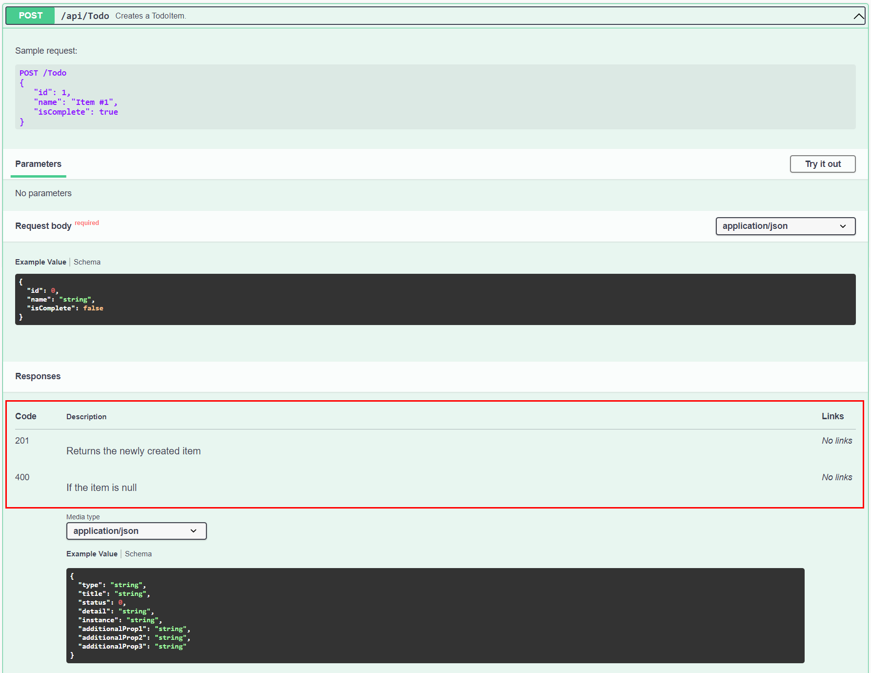 A interface do usuário do Swagger mostra a descrição da classe de resposta POST, 'Retorna o item de tarefa pendente recém-criado' e '400 – se o item for nulo' para o código de status e o motivo em Mensagens de Resposta.