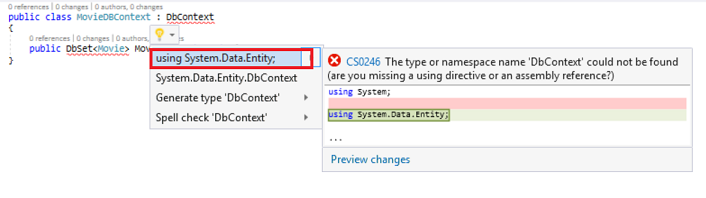 Captura de tela que mostra o menu Mostrar possíveis correções. O uso da Entidade de Dados do Sistema é selecionado e um aviso não encontrado é mostrado.