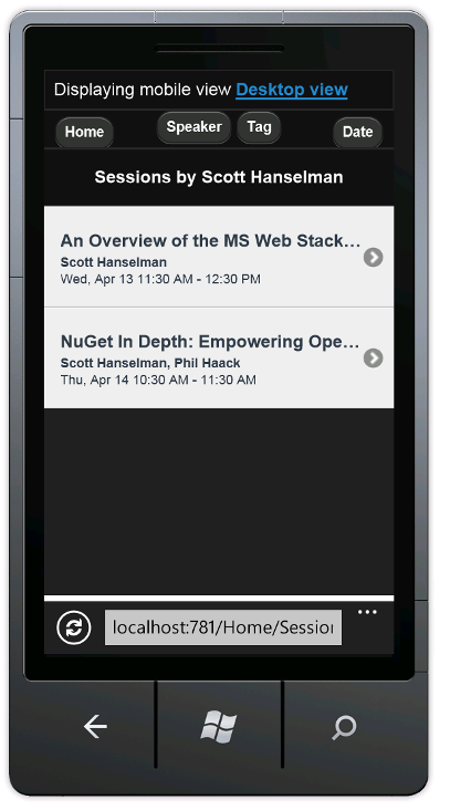 Captura de tela que mostra uma exibição móvel da página Sessões.