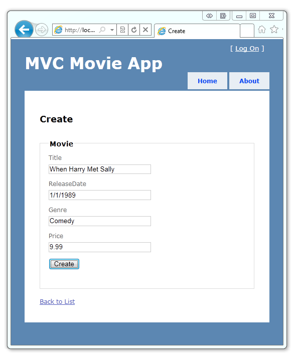 Captura de tela que mostra a janela do navegador M V C Movie App na página Criar.