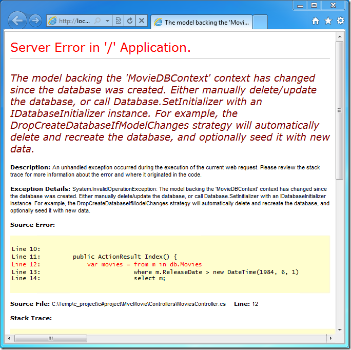 Captura de tela que mostra a janela do navegador com um erro que declara Erro do Servidor no Aplicativo.