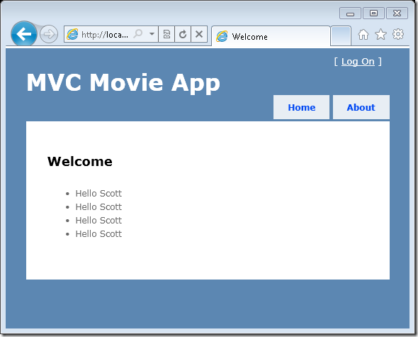 Captura de tela que mostra a página De boas-vindas no Aplicativo de Filme M V C.