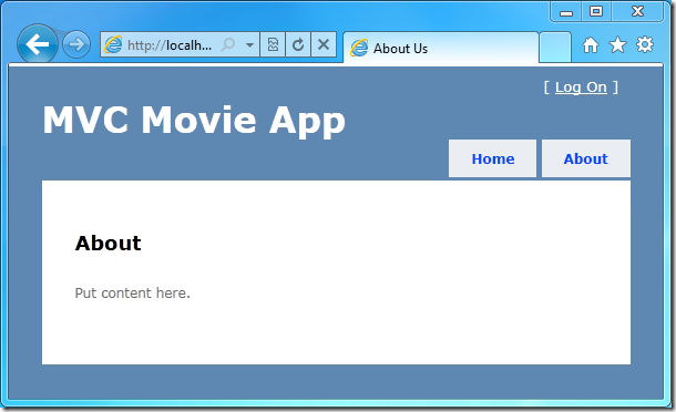 Captura de tela que mostra a página Sobre no Aplicativo de Filme M V C.