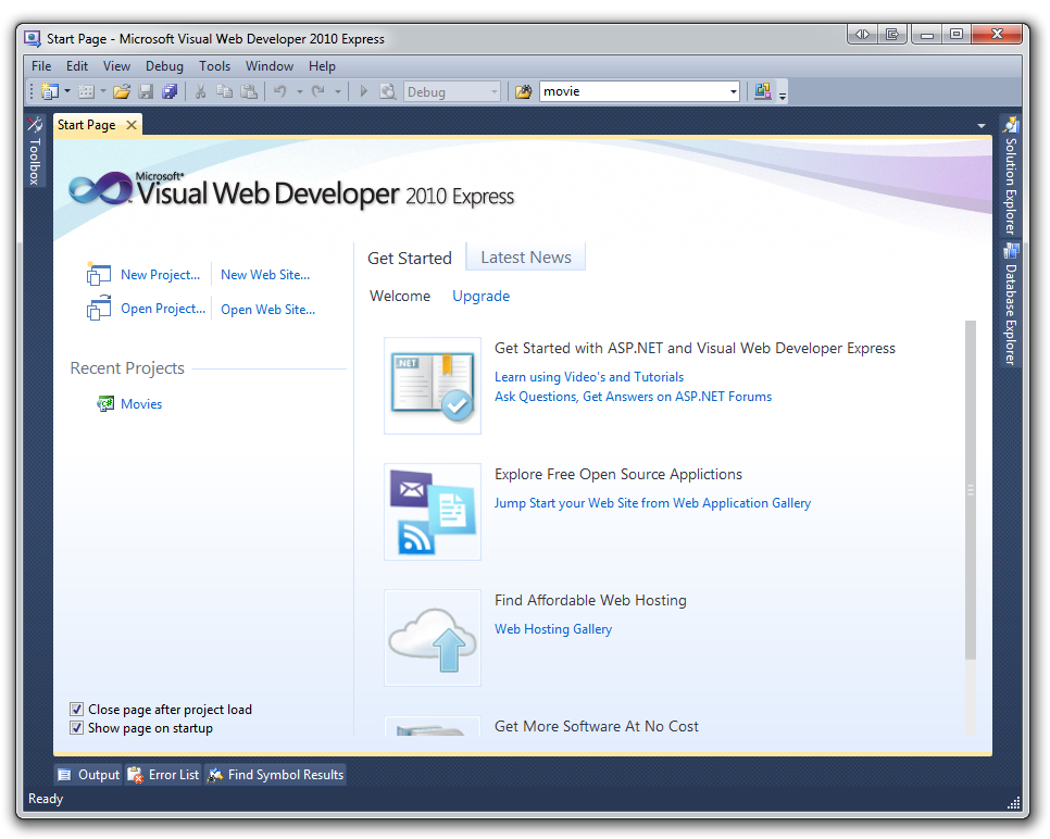 Captura de tela do Visual Web Developer 2010 Express para começar.