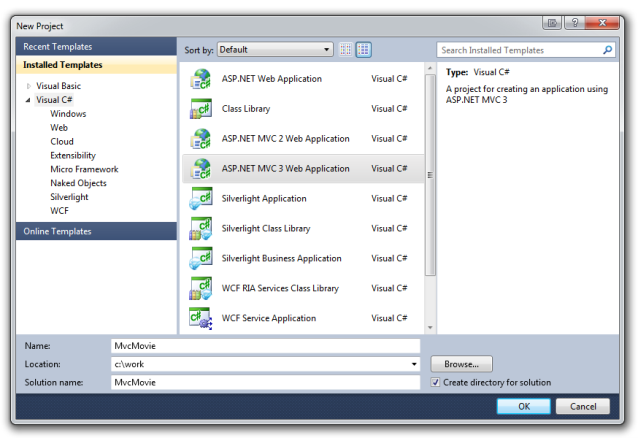 Captura de tela do Novo Projeto para criar seu primeiro aplicativo usando o Visual Basic ou o Visual C Sharp como a linguagem de programação.