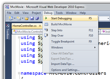 Captura de tela do menu Depurar para selecionar Iniciar Depuração.