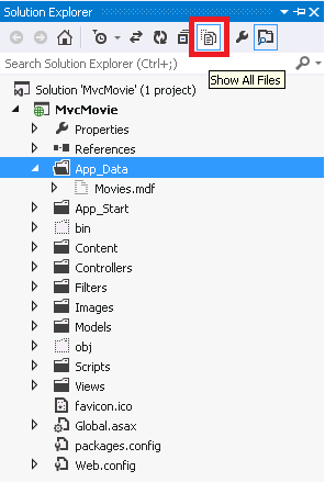 Captura de tela que mostra a janela Gerenciador de Soluções. O ícone Mostrar Todos os Arquivos é circulado em vermelho e a pasta Dados do Aplicativo está selecionada.