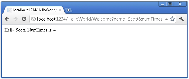 Captura de tela que mostra um navegador com o texto Hello Scott Num Times é 4 na janela.