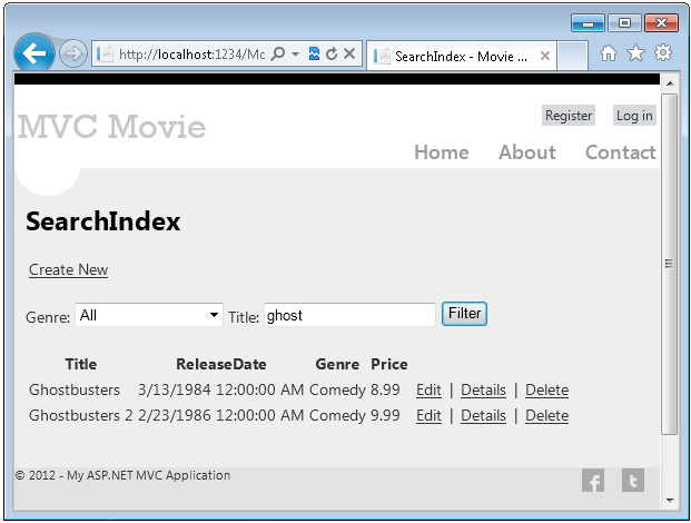 Captura de tela que mostra a página Índice de Pesquisa do aplicativo M V C Movie. Ghost é inserido na barra de pesquisa título.