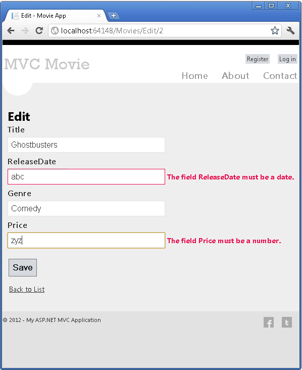 Captura de tela que mostra a página Editar do aplicativo M V C Movie. Dois campos de texto, Data de Lançamento e Preço, estão realçados, solicitando que o usuário insira os valores corretos.