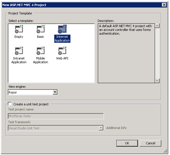 Captura de tela que mostra a janela Novo Projeto do SP dot NET M V C 4. O modelo Aplicativo da Internet está selecionado.