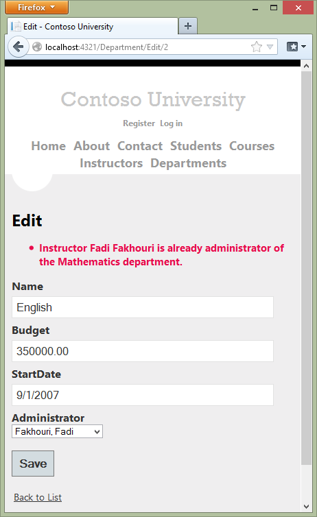 Captura de tela que mostra a página Editar departamento da Contoso University com uma mensagem de erro de administrador duplicada.