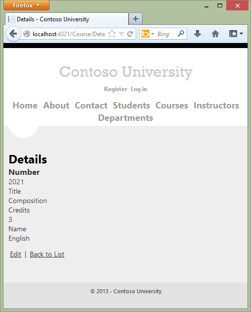 Captura de tela que mostra a página Detalhes da Contoso University.