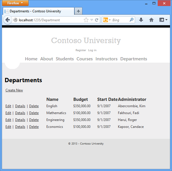 Captura de tela que mostra a página Departamentos da Universidade contoso.