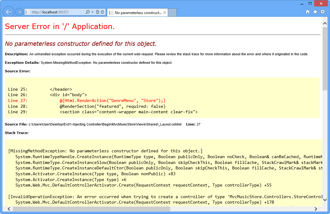 Erro ao executar ASP.NET erro de aplicativo Iniciar MVC