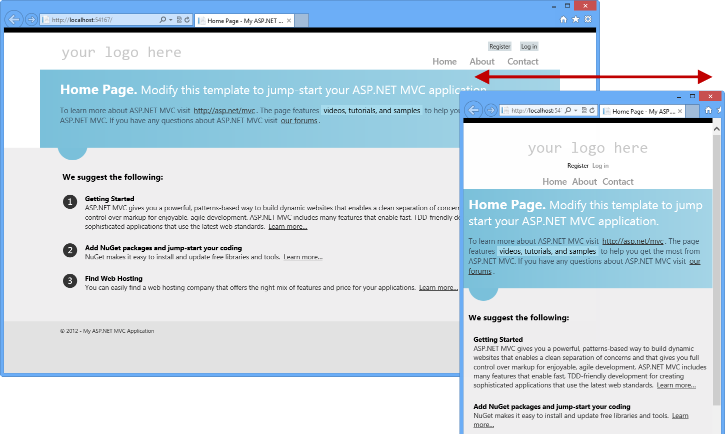 ASP.NET modelo de projeto MVC 4 em diferentes tamanhos de navegador