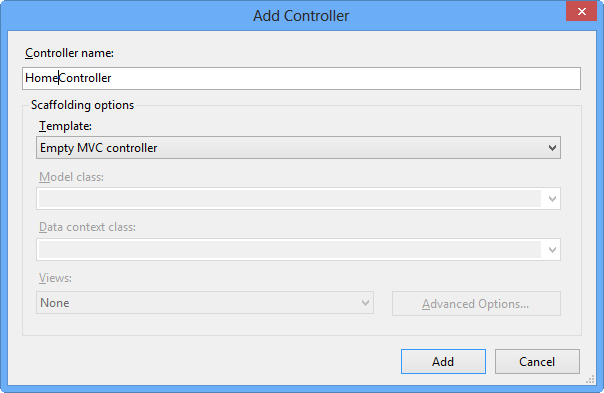Captura de tela da caixa de diálogo Adicionar Controlador com opções disponíveis para criar o controlador.