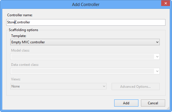 Adicionar captura de tela da Caixa de Diálogo do Controlador com a barra para inserir o nome do controlador e uma opção para selecionar opções de scaffolding.