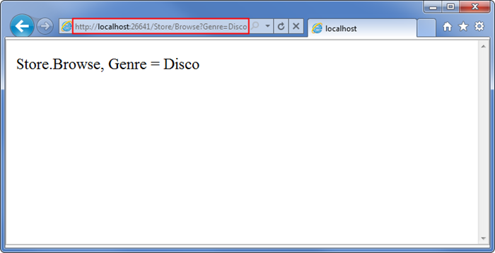 Captura de tela mostrando outro exemplo de uma cadeia de caracteres (Store.Browse, Genre = Disco) sendo retornada pela URL ao recuperar um valor querystring ao adicionar o parâmetro 'genre' a ela.