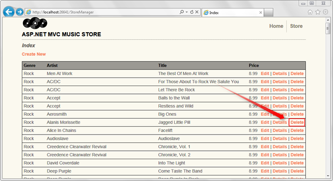 Captura de tela da lista de álbuns com a opção Excluir associada a um álbum listado realçado com uma seta vermelha.