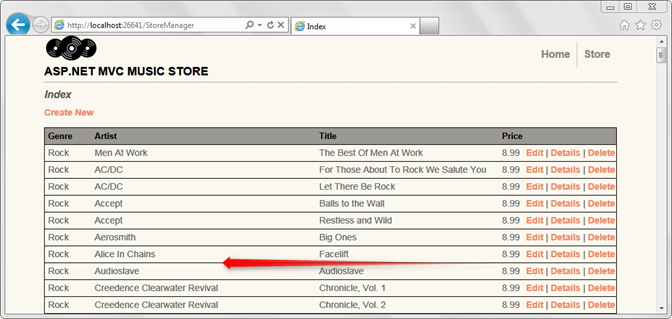 Captura de tela da tela da lista de álbuns mostrando que o álbum excluído não está mais na lista de álbuns, realçado com uma seta vermelha.