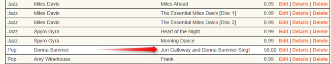 Captura de tela da lista de álbuns realçando o novo álbum criado a partir do formulário Criar com uma seta vermelha.