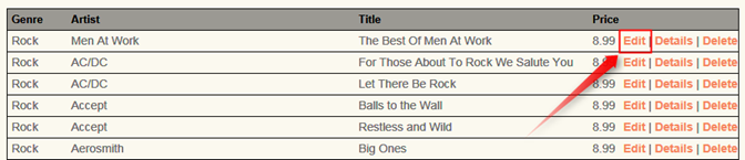 Captura de tela da lista de álbuns com a opção Editar correspondente a um álbum realçado com uma seta vermelha.