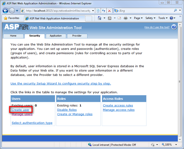 Captura de tela do site de configuração mostrando a seção Usuários e o link Criar usuário realçado em um retângulo vermelho.