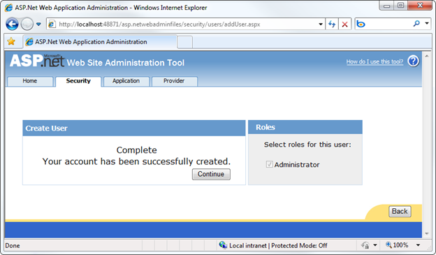 Captura de tela do site de configuração mostrando uma mensagem informando que a criação da conta de usuário foi concluída com êxito.