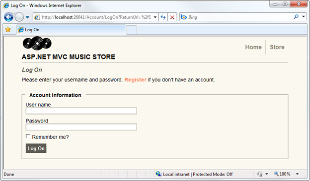 Captura de tela da página da Web da loja de músicas mostrando a caixa de diálogo de logon com campos de texto de nome de usuário e senha.