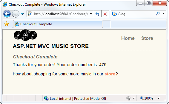 Captura de tela da janela da Loja de Música mostrando a exibição completa de check-out que informa ao usuário que o pedido foi concluído.