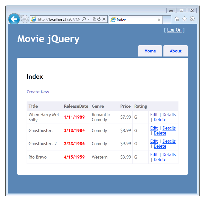 Captura de tela da janela JQuery de filme mostrando a exibição Índice com uma lista dos filmes inseridos no banco de dados.