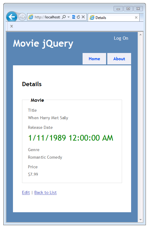 Captura de tela da janela JQuery do filme mostrando a exibição Detalhes com o texto do campo Data de Lançamento alterado para um tamanho maior e uma cor verde.