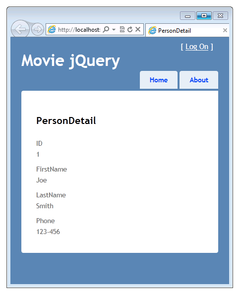 Captura de tela da janela Filme jQuery mostrando o modo de exibição PersonDetail e os campos ID, Nome, Sobrenome e Telefone.