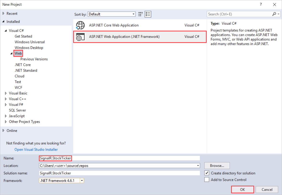 Captura de tela mostrando como criar um aplicativo Web ASP.NET.
