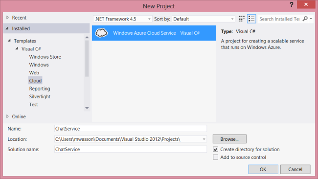 Captura de tela da tela Novo Projeto com a opção Visual C # do Serviço de Nuvem do Windows Azure sendo realçada.