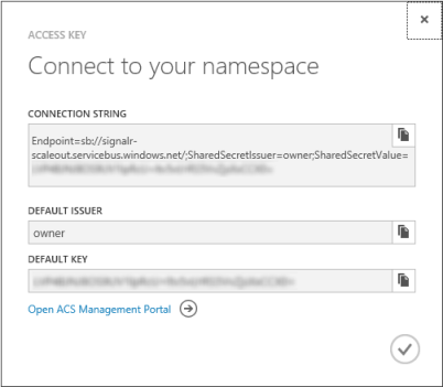 Captura de tela da tela Conectar-se à chave de acesso ao namespace, mostrando os campos Cadeia de Conexão, Emissor Padrão e Chave Padrão.