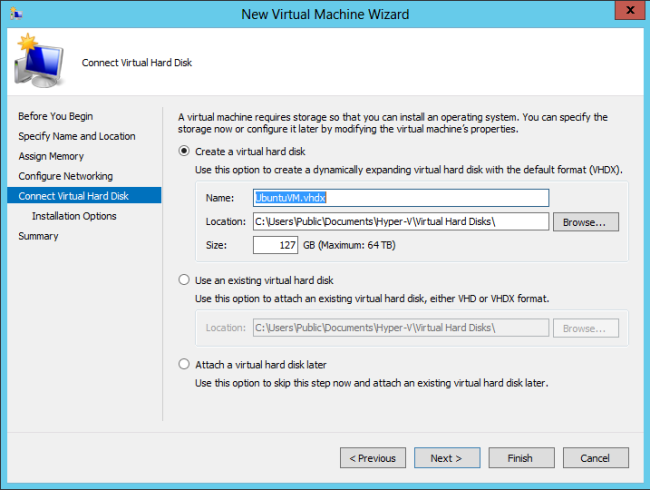 Captura de tela que mostra a caixa de diálogo Assistente para Nova Máquina Virtual. Conectar Disco Rígido Virtual e Criar um disco rígido virtual estão selecionados.