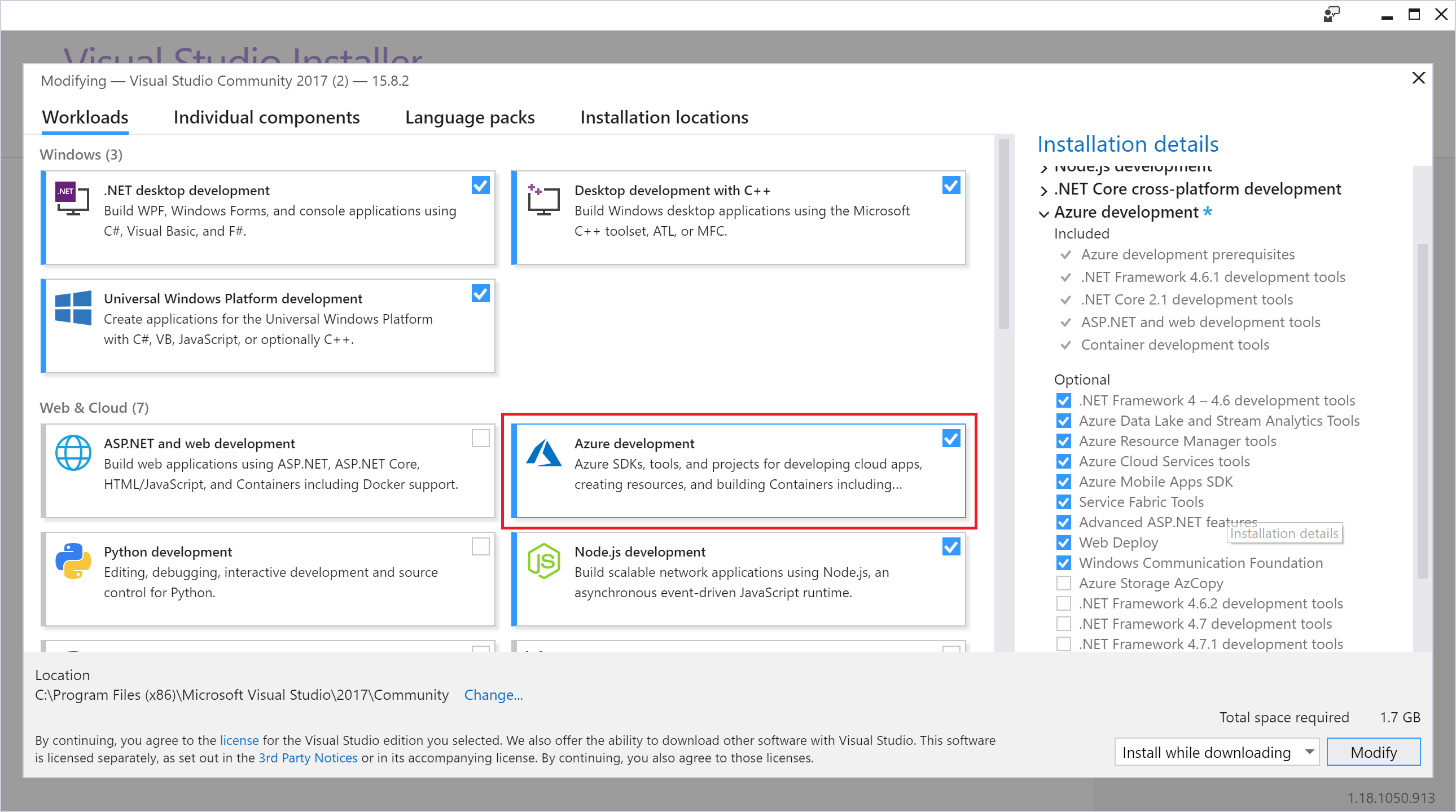 Carga de trabalho de desenvolvimento do Azure no Instalador do Visual Studio
