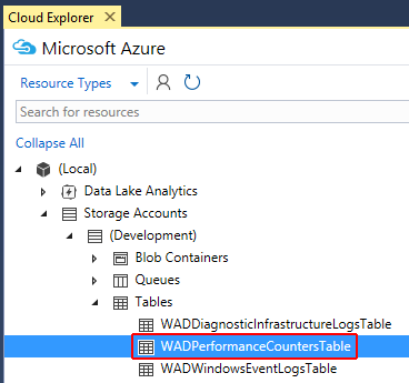 Selecionando a tabela contadores de desempenho WAD no Visual Studio Cloud Explorer
