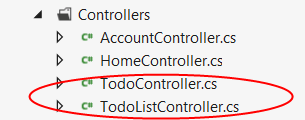 Captura de tela que mostra a pasta Controladores aberta. Para fazer Controlador do ponto c s e Para fazer o controlador de lista ponto c s são ambos circulados em vermelho.