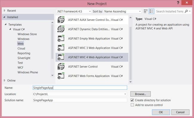 Captura de tela que mostra a caixa de diálogo Novo Projeto. O modelo aplicativo Web A SP dot NET M V C 4 está selecionado.