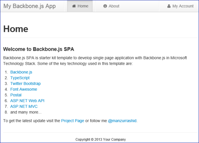 Captura de tela que mostra a página Inicial do Aplicativo My Backbone dot j s.