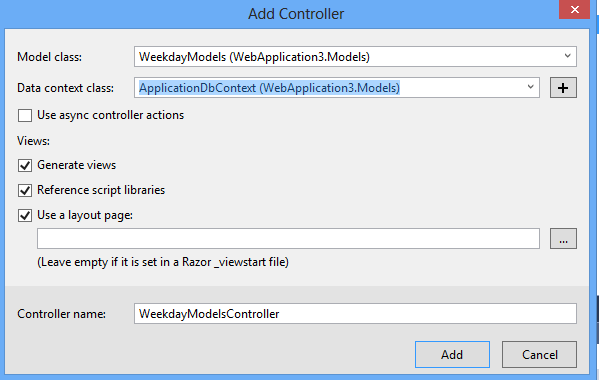 Captura de tela da caixa de diálogo Adicionar Controlador, com a classe Modelo selecionada e o campo Classe de contexto Dados selecionado e realçado.